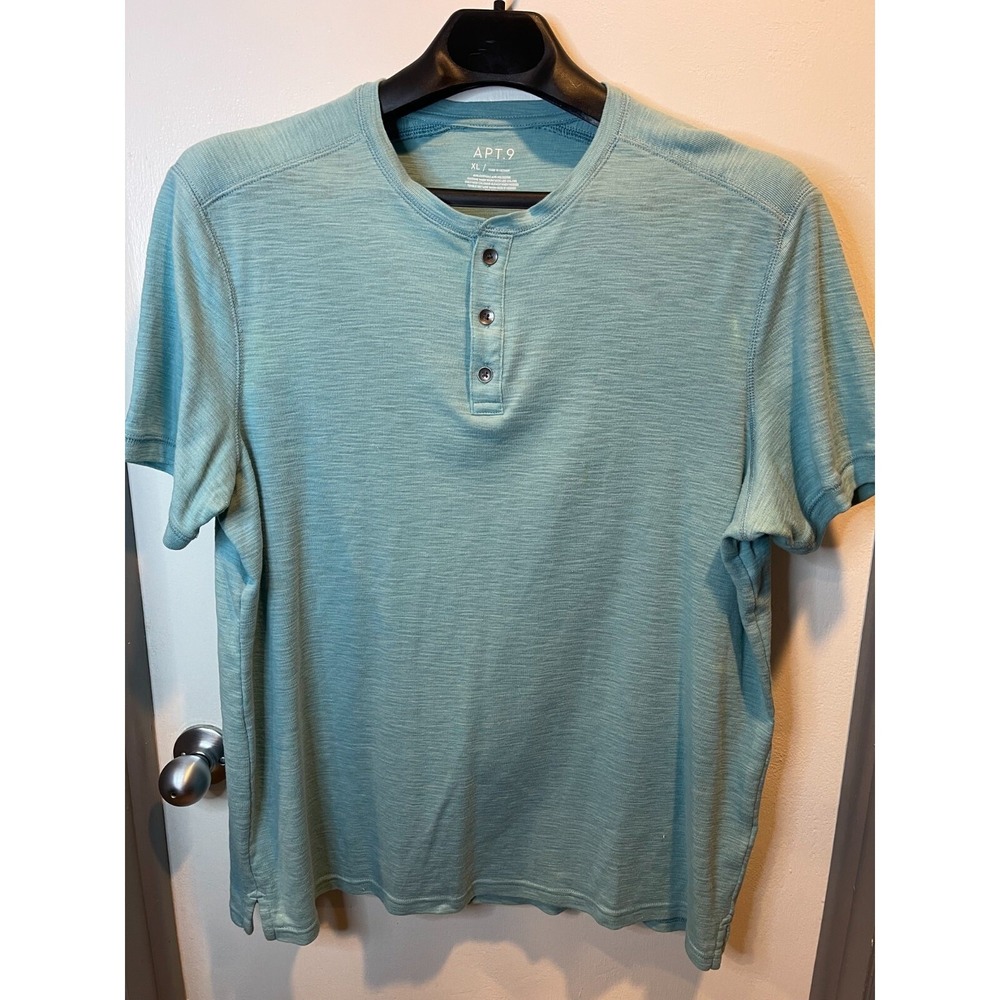 Apt 9 Mens XL Short Sleeve Henley Shirt Light Teal Aqua Slub Knit Cotton Blend